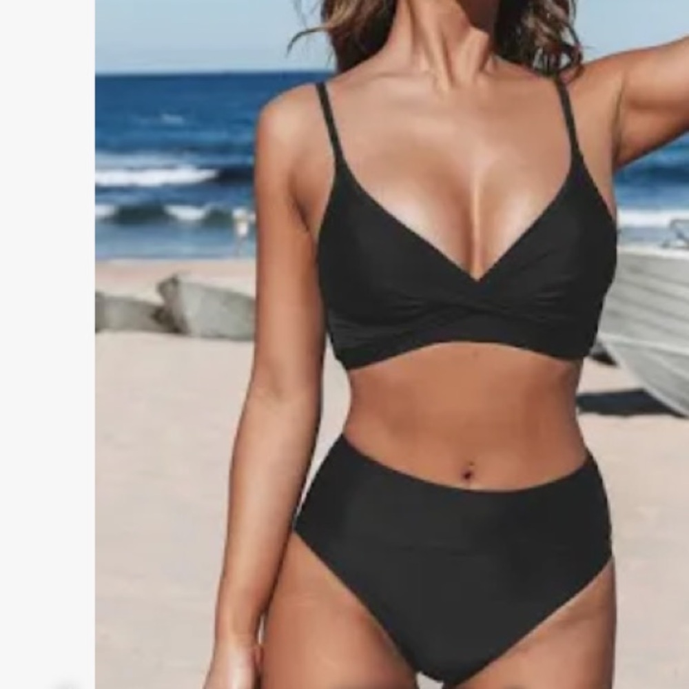 NWOT AERIE Black high waist wrap top bikini Swimwear Set size medium set